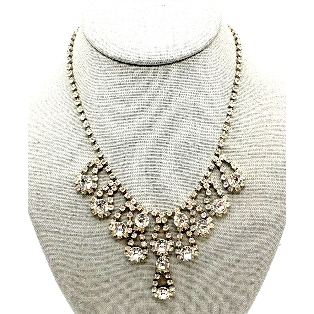 Vintage Teardrop Rhinestone Bib Necklace Choker Silver Tone Bridal Prom Wedding